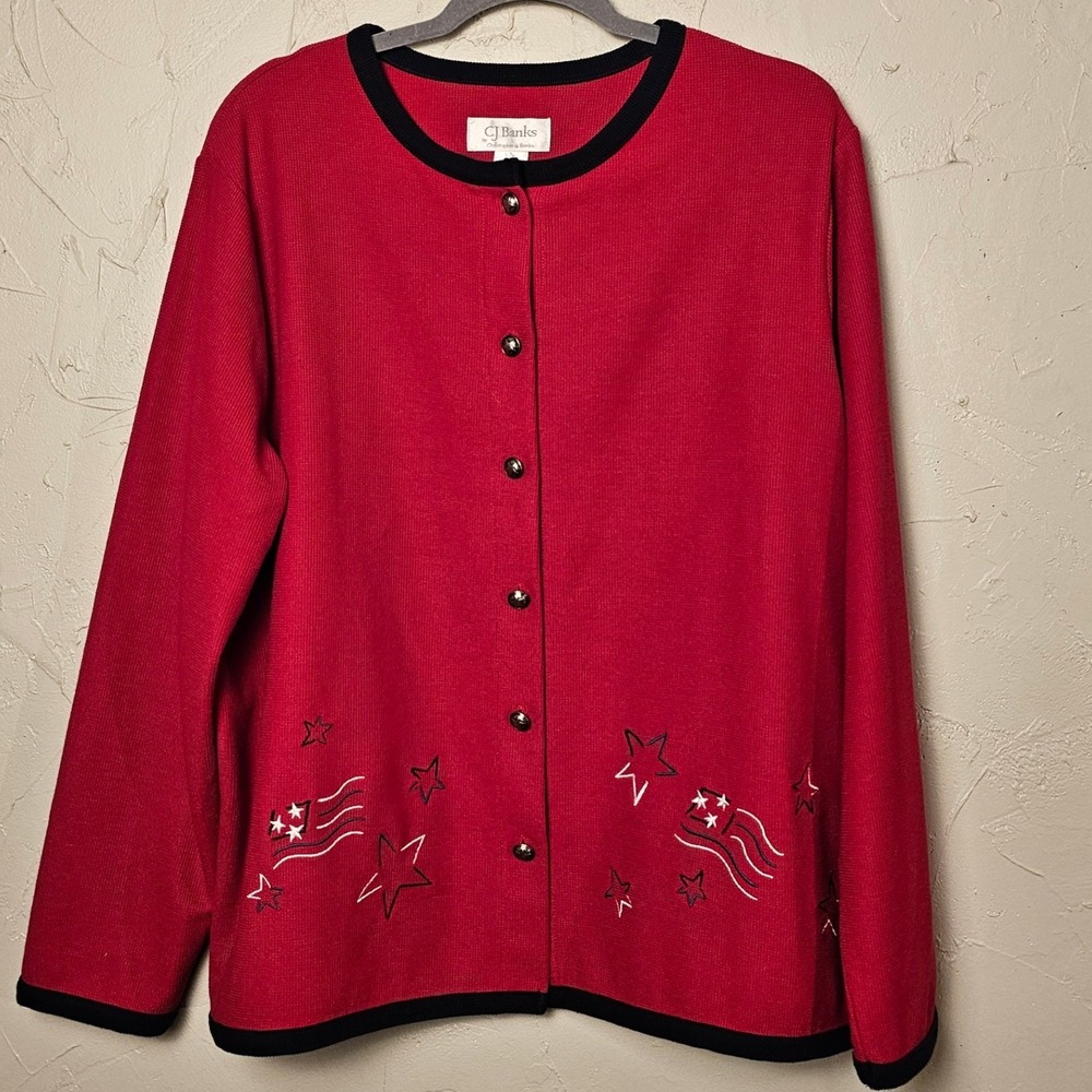 Vintage Banks 1X Red Patriotic Cardigan Sweater Stars USA Flag Embroidered EUC - Picture 11 of 11